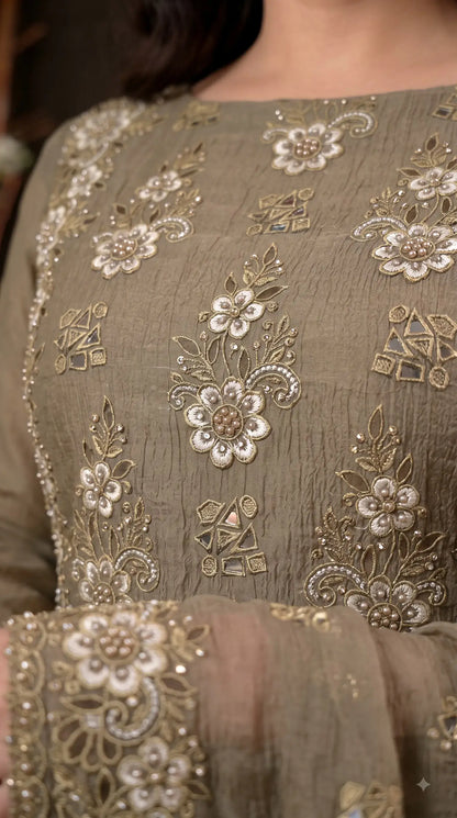 Premium Designer Olive Taupe Soft Crush Tissue Suit with Floral Embroidery, Pearl & Sequin Work
