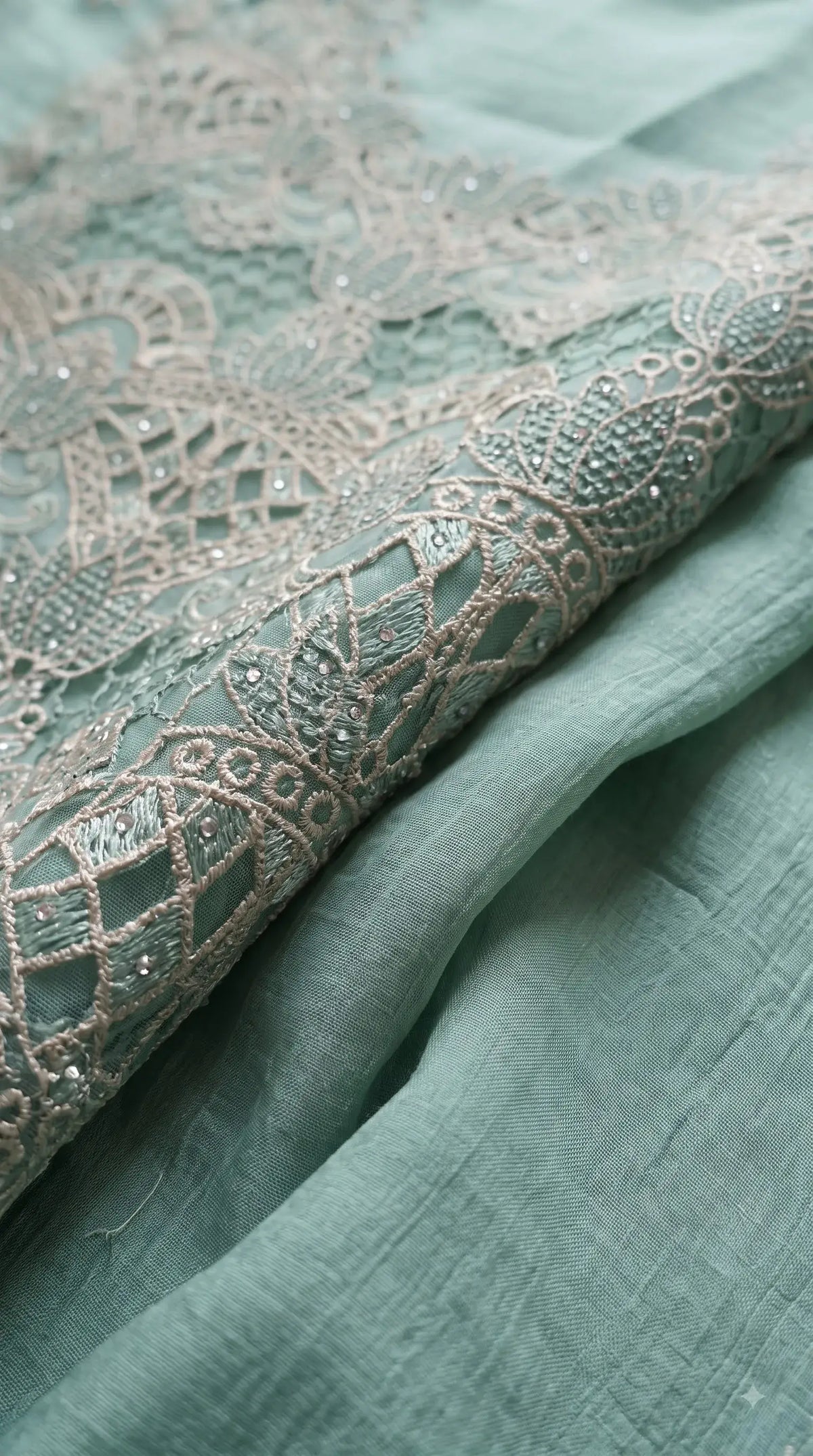 Premium Seafoam Mint Soft Crush Tissue Designer Suit with Intricate Cutwork Embroidery & Sequin Work