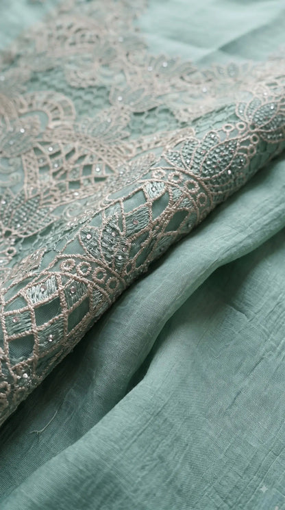 Premium Seafoam Mint Soft Crush Tissue Designer Suit with Intricate Cutwork Embroidery & Sequin Work
