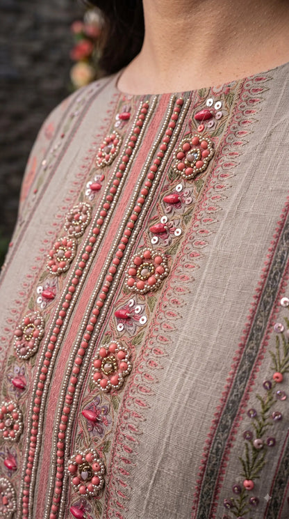Pakistani Designer Grey Very Soft Tissue Suit with Pink Floral Pearl, Bead & Sequin Work