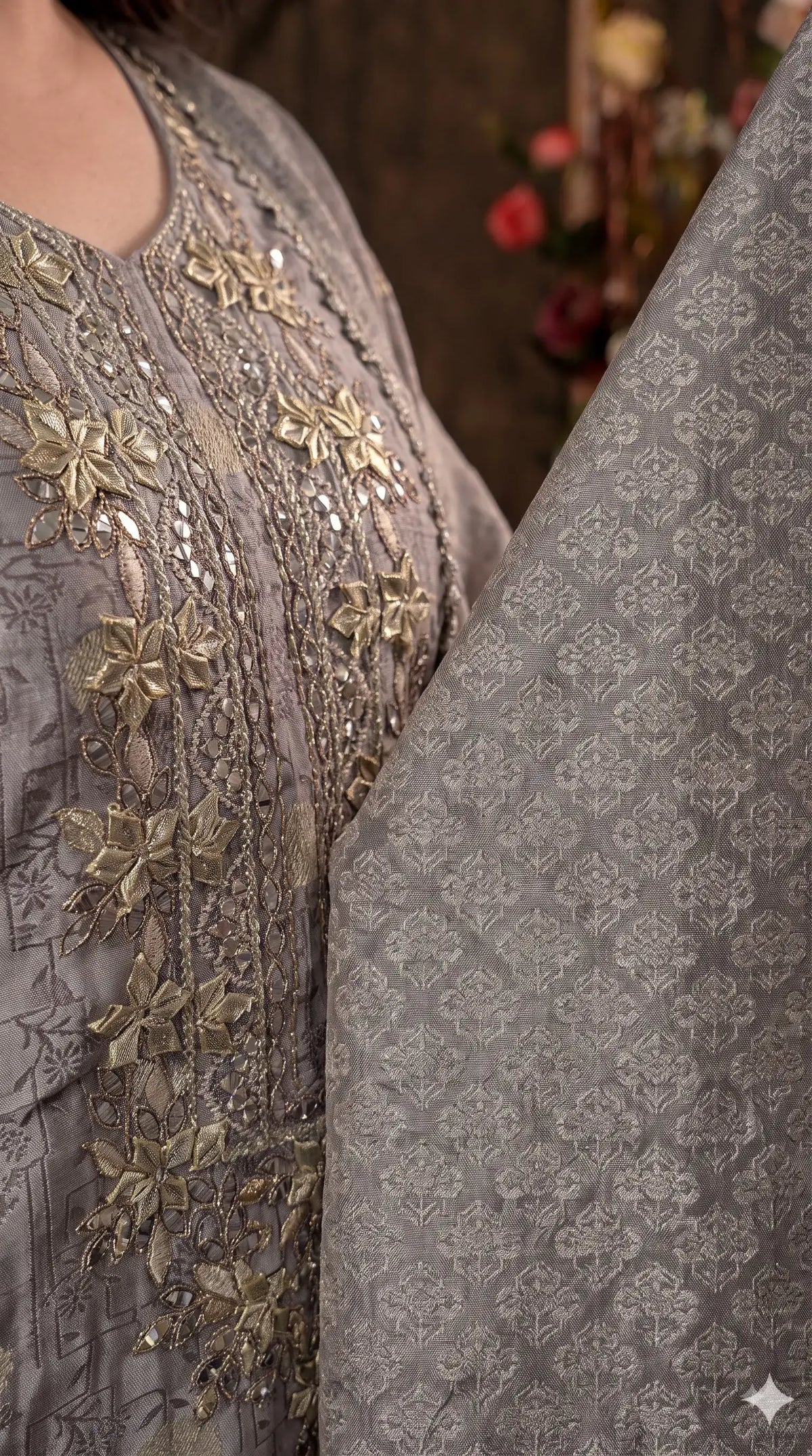 Pakistani Designer Silver Grey Banarsi Suit with Mirror & Pearl Work
