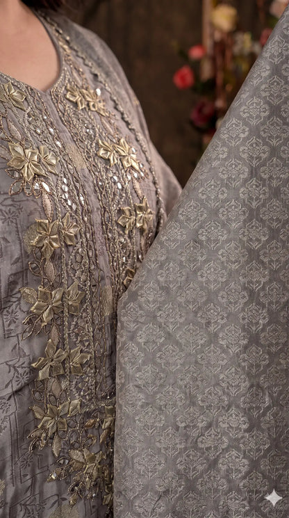 Pakistani Designer Silver Grey Banarsi Suit with Mirror & Pearl Work