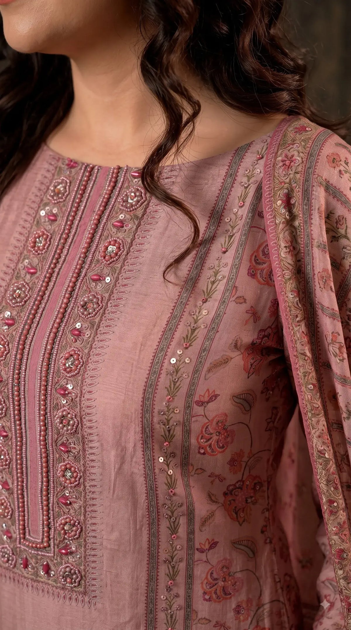 Pakistani Designer Pink Very Soft Tissue Suit with Pink Floral Pearl, Bead & Sequin Work