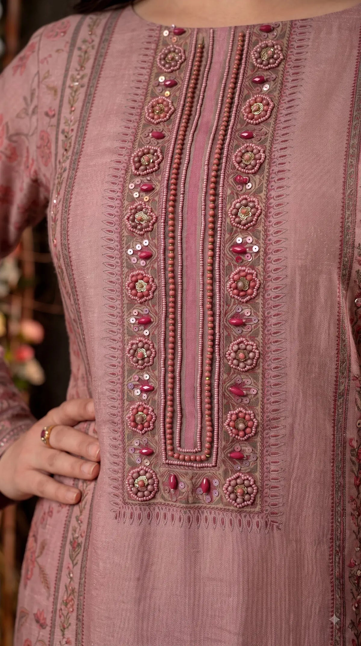 Pakistani Designer Pink Very Soft Tissue Suit with Pink Floral Pearl, Bead & Sequin Work