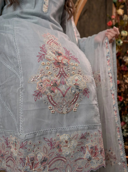 Pakistani Designer Soft Cotton Blue Suit With Floral Embroidery & Pearl Work