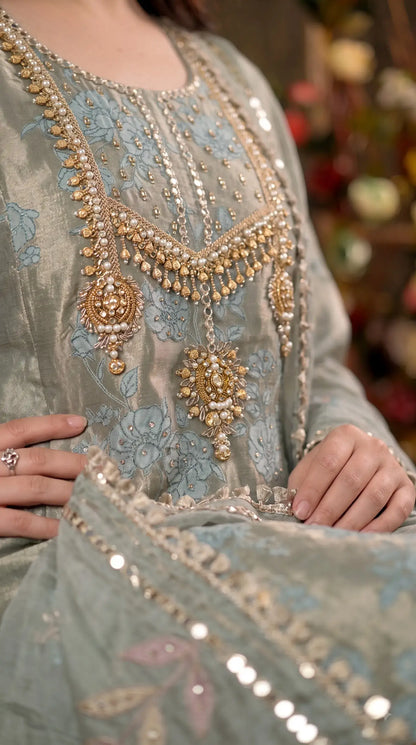 Premium Pastel Tissue Pakistani Designer Suit with Floral Embroidery, Pearl & Sequin Handwork