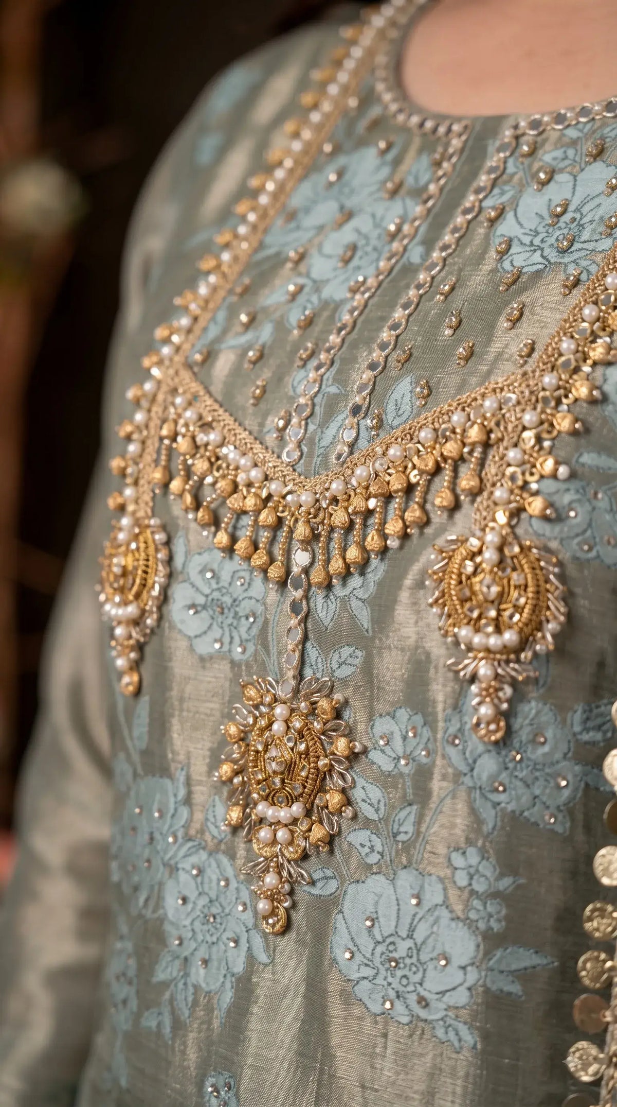 Premium Pastel Tissue Pakistani Designer Suit with Floral Embroidery, Pearl & Sequin Handwork