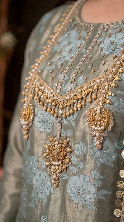 Premium Pastel Tissue Pakistani Designer Suit with Floral Embroidery, Pearl & Sequin Handwork