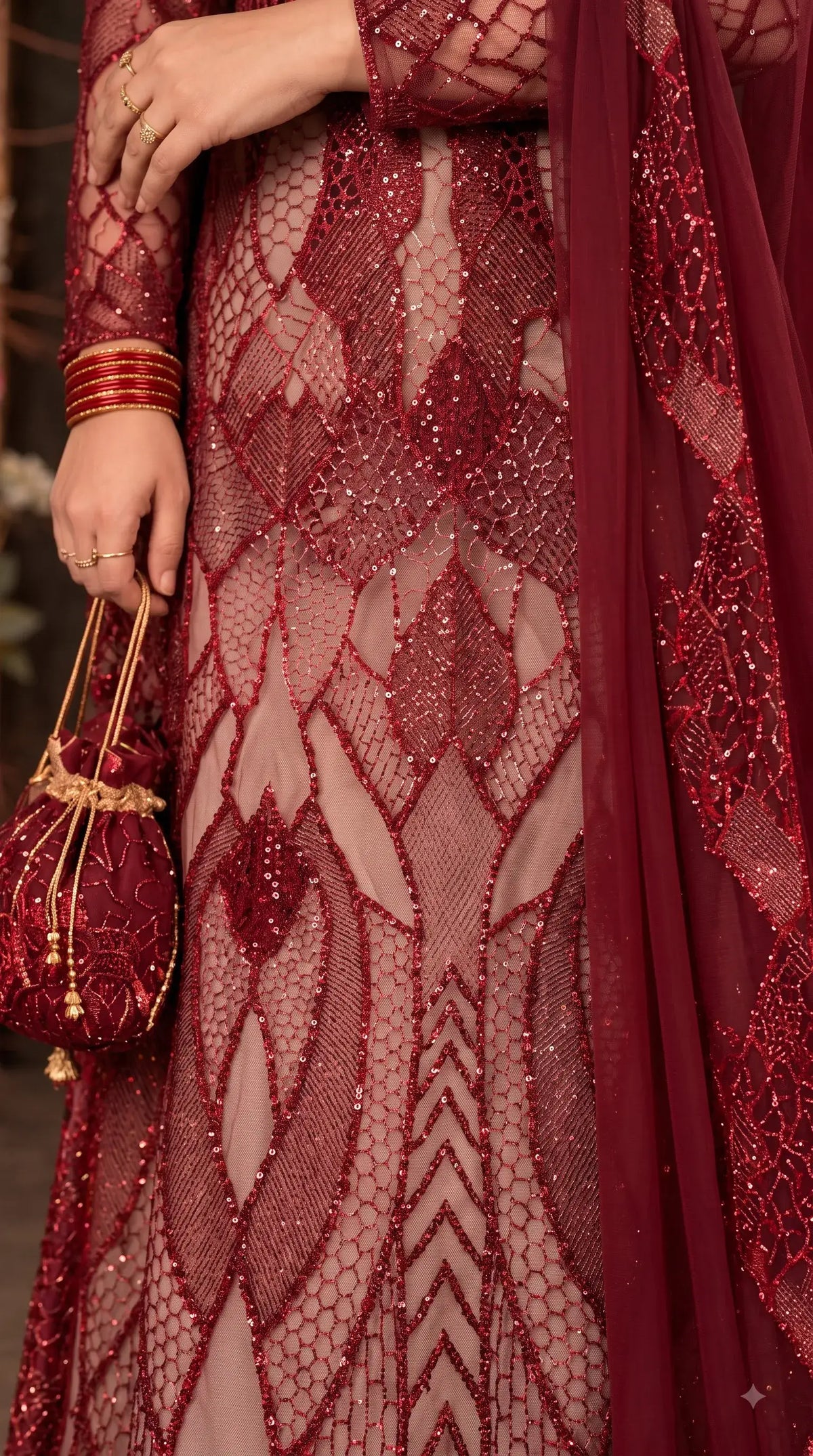Royal Red Imported Premium Soft Net Pakistani Designer Suit with Handwork, Cut Dana, Pearl & Sequin Work