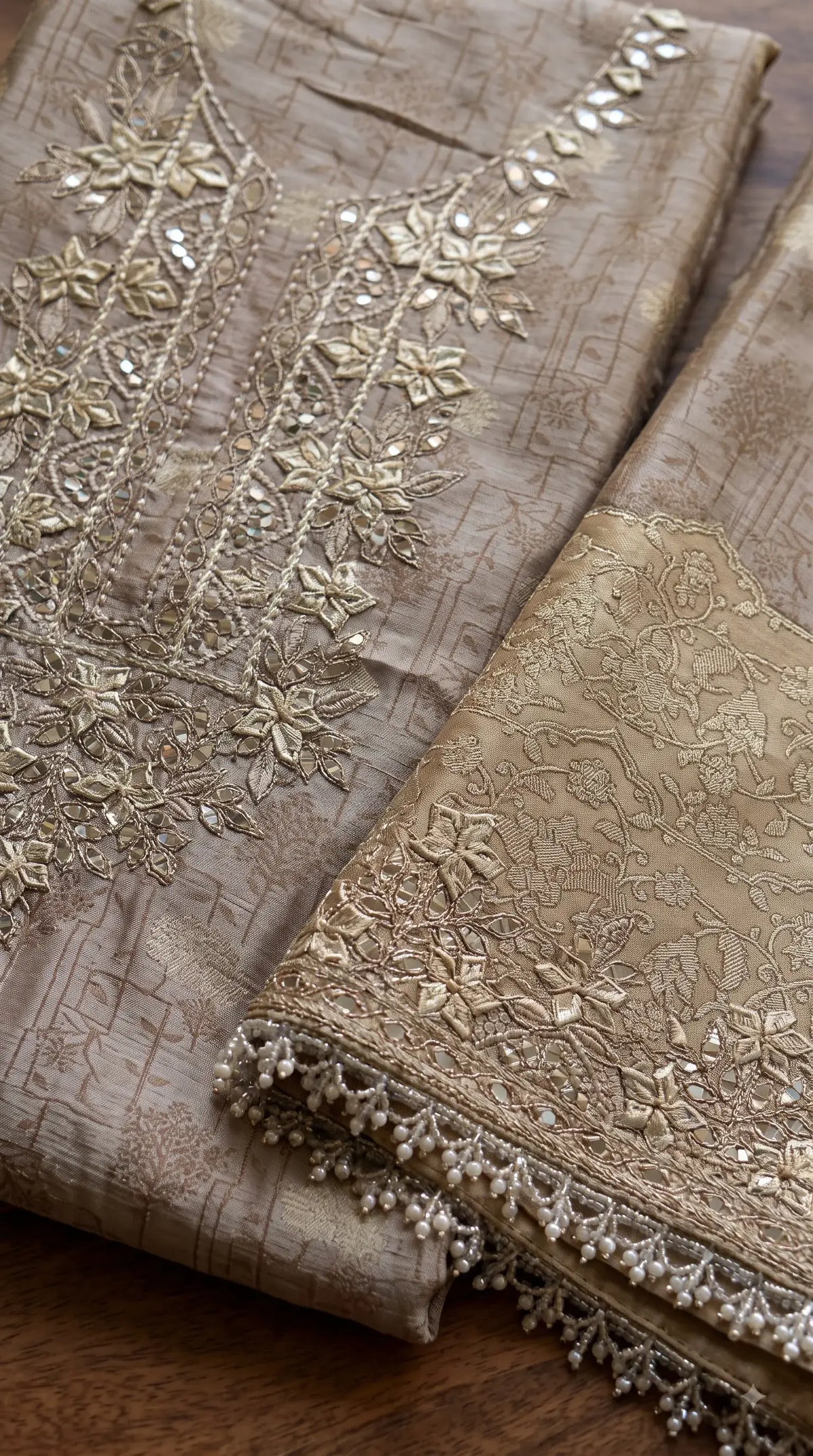Pakistani Designer Ivory Shade Banarsi Suit with Mirror & Pearl Work