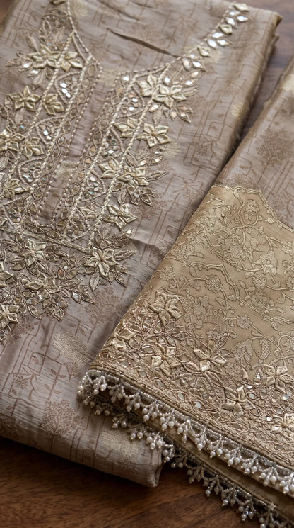 Pakistani Designer Ivory Shade Banarsi Suit with Mirror & Pearl Work