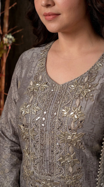 Pakistani Designer Silver Grey Banarsi Suit with Mirror & Pearl Work