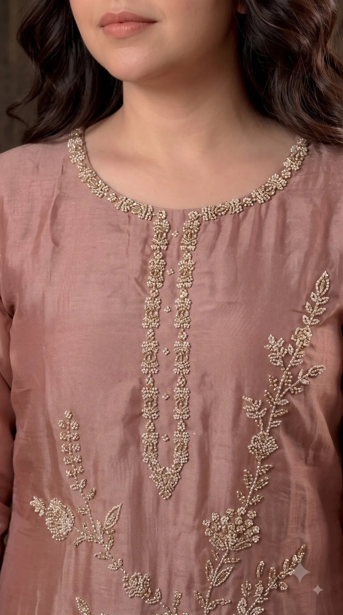 Pakistani Designer Antique Rose Tissue Suit with Floral Handwork, Bead & Sequin Detailing