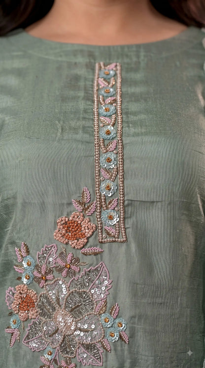 Premium Designer Sage Green Organza Suit with Pastel Floral Hand Embroidery, Sequin & Bead Work