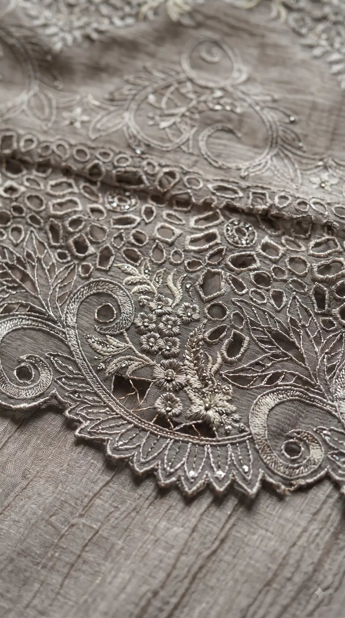 Pakistani Designer Ivory Marble Chiffon Suit with Cutwork Embroidery & Swarovski Work Pakistani Suit