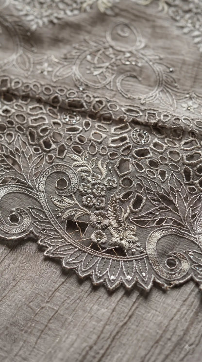 Pakistani Designer Ivory Marble Chiffon Suit with Cutwork Embroidery & Swarovski Work Pakistani Suit