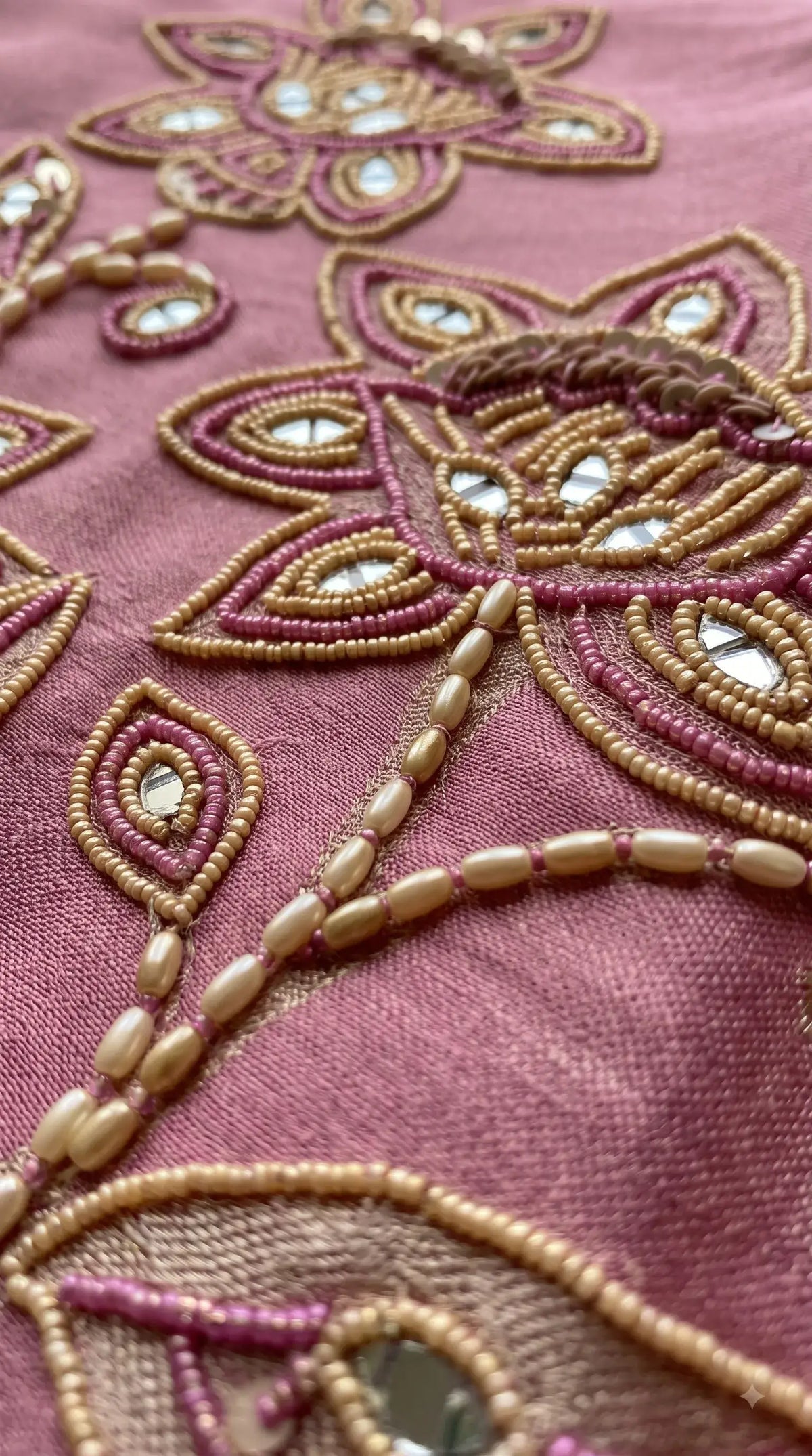 Pakistani Soft Pink Banarsi Pakistani Designer Suit with Floral Embroidery, Pearl, Bead & Mirror Work