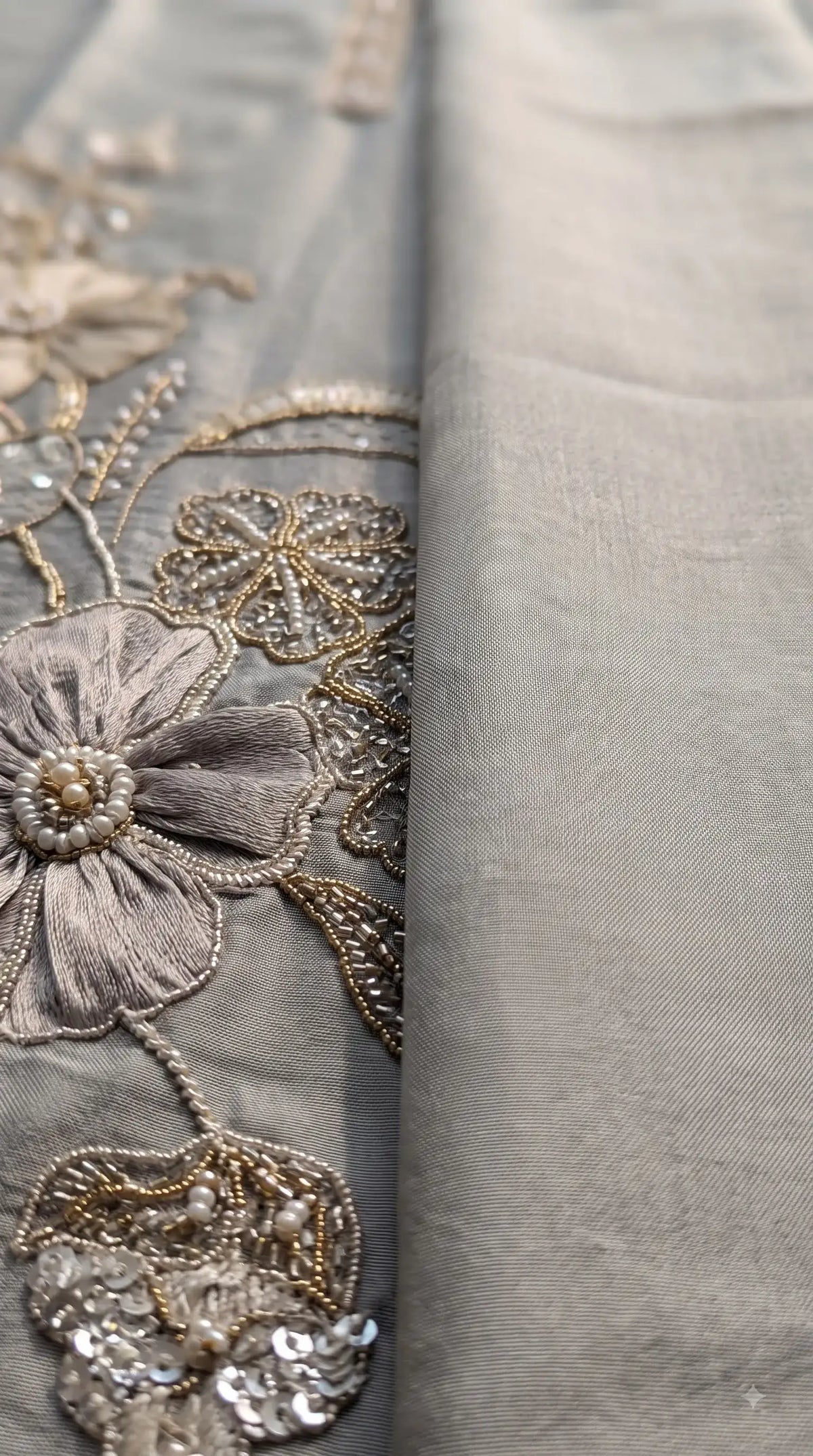 Premium Designer Silver Shade Designer Suit in Soft Tissue Fabric with Royal Hand Work