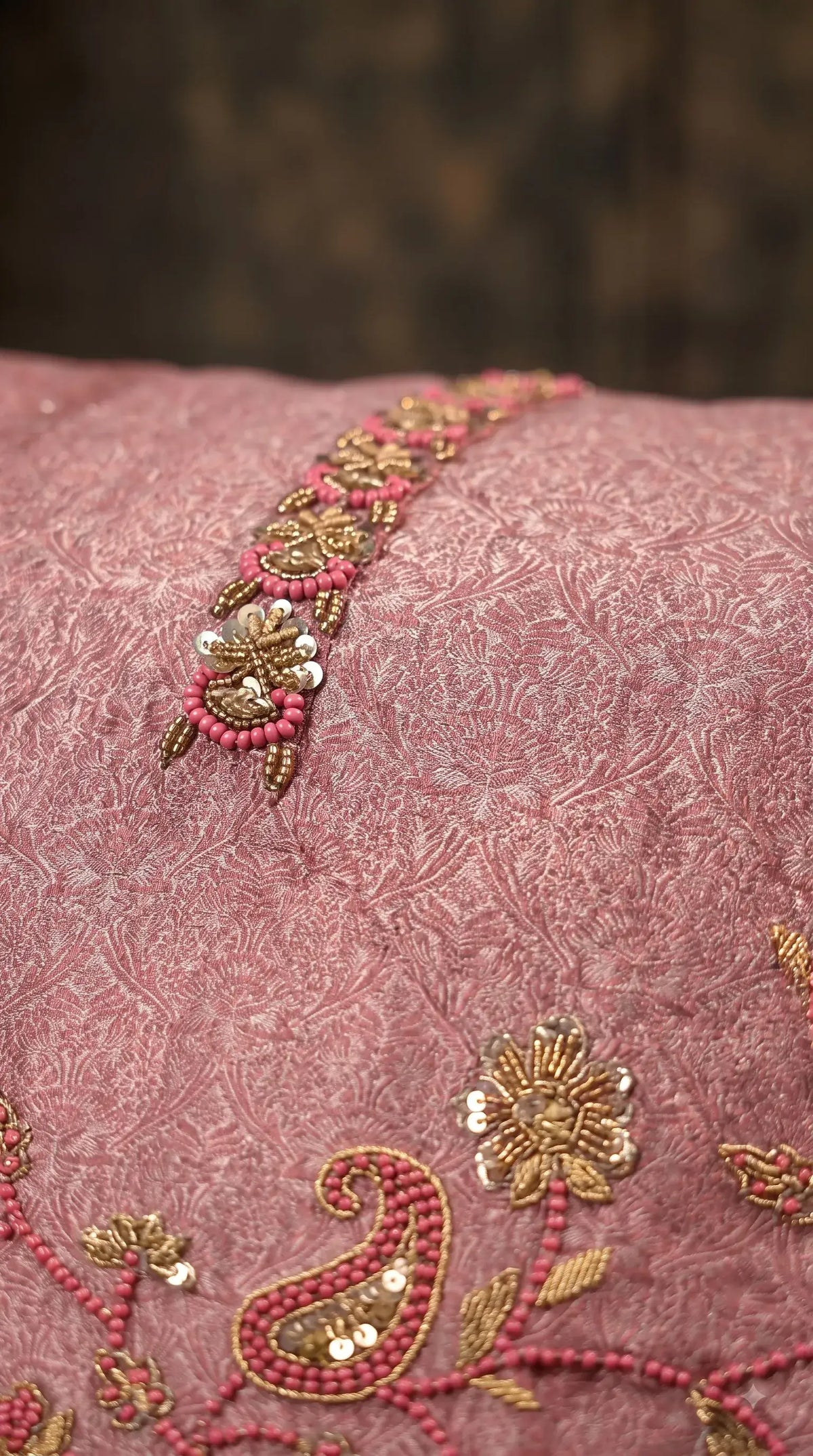 Premium Designer Antique Rose Banarasi Suit with Bead & Sequin Work