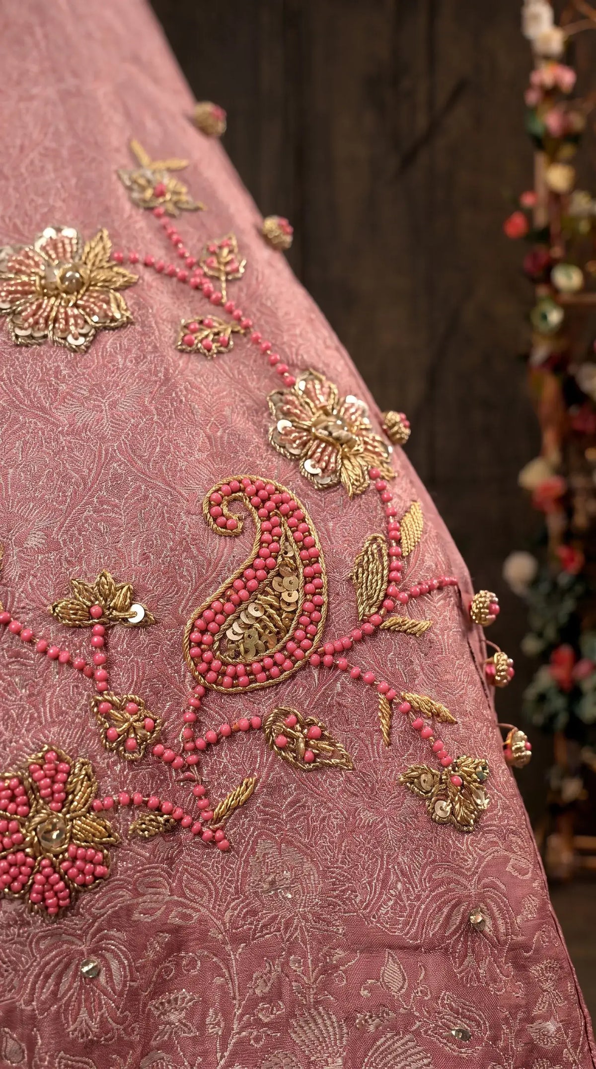 Premium Designer Antique Rose Banarasi Suit with Bead & Sequin Work