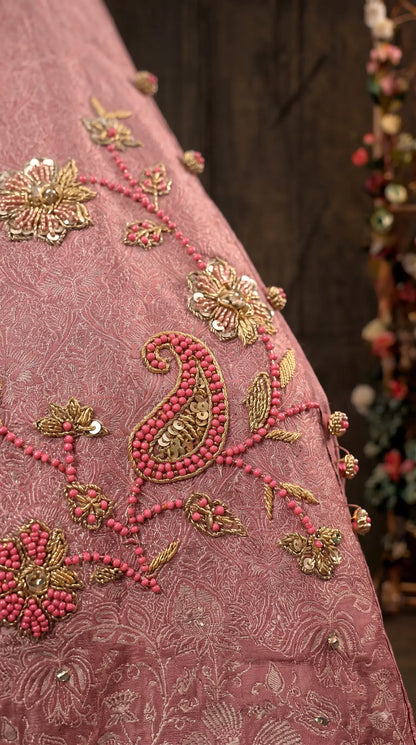 Premium Designer Antique Rose Banarasi Suit with Bead & Sequin Work