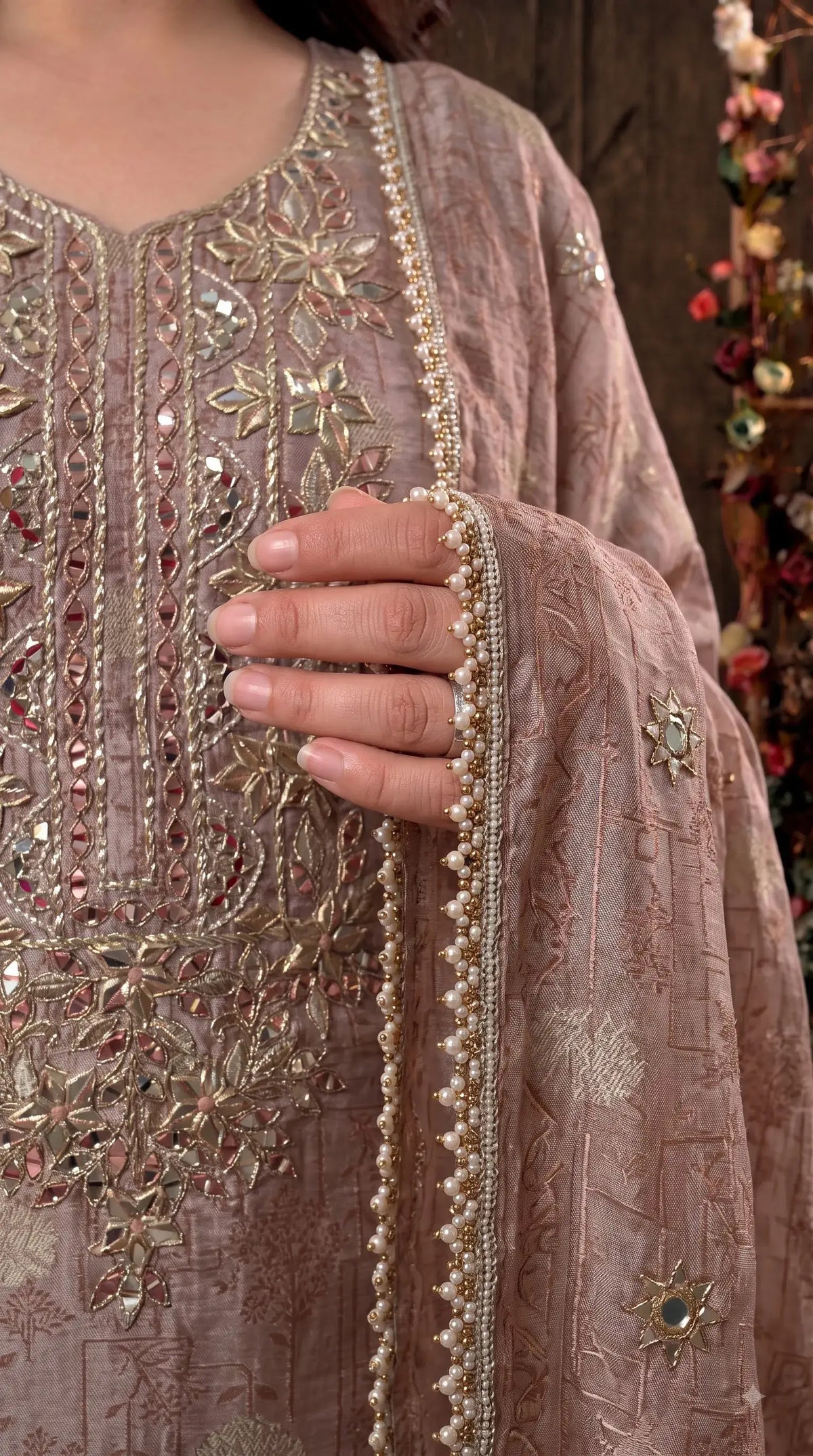 Premium Designer Dusty Rose Taupe Banarsi Suit with Mirror & Pearl Work