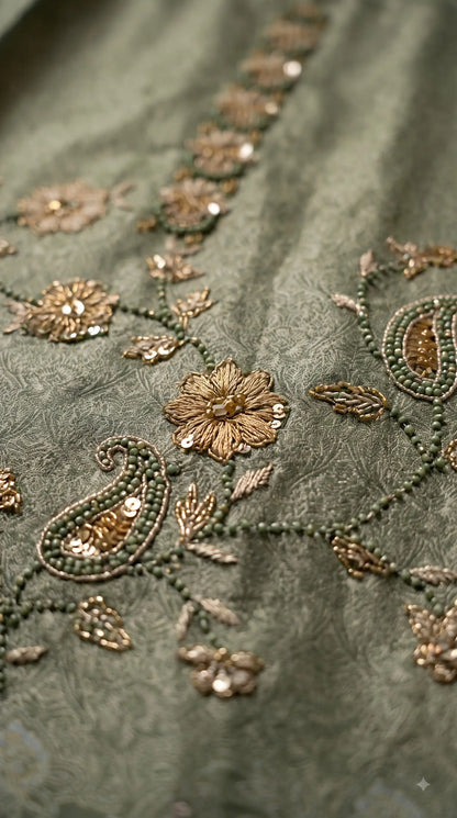 Premium Designer Sage Green Banarsi Suit with Floral Paisley Bead & Sequin Work
