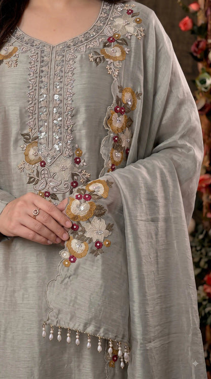 Premium Designer Silver Grey Giraffe Fabric Suit with Pearl, Sequin & Floral Embroidery Work