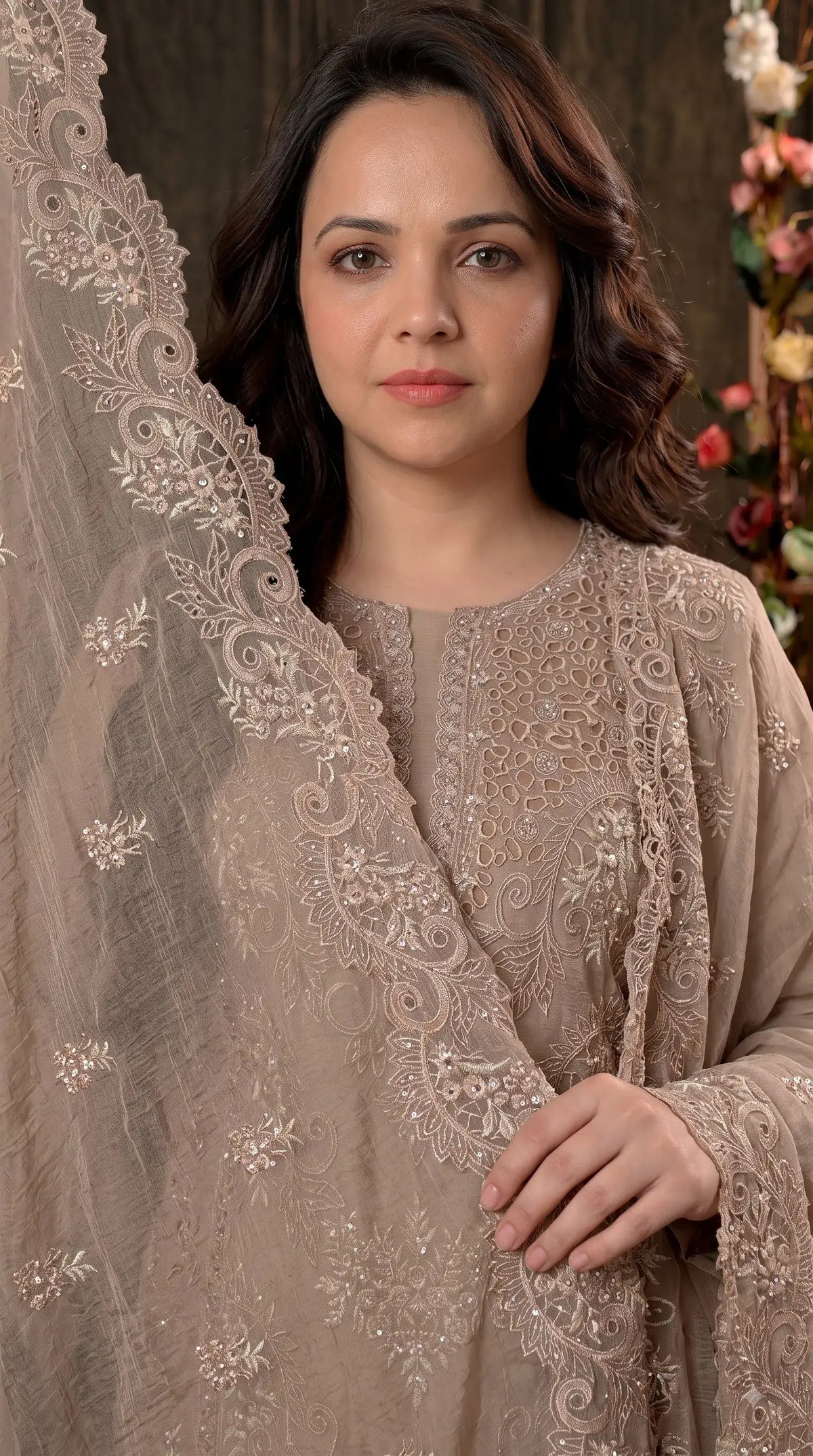 Premium Designer Taupe Beige Marble Chiffon Suit with Cutwork Embroidery & Swarovski Work