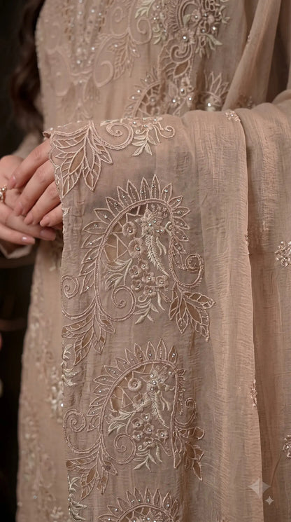 Premium Designer Taupe Beige Marble Chiffon Suit with Cutwork Embroidery & Swarovski Work