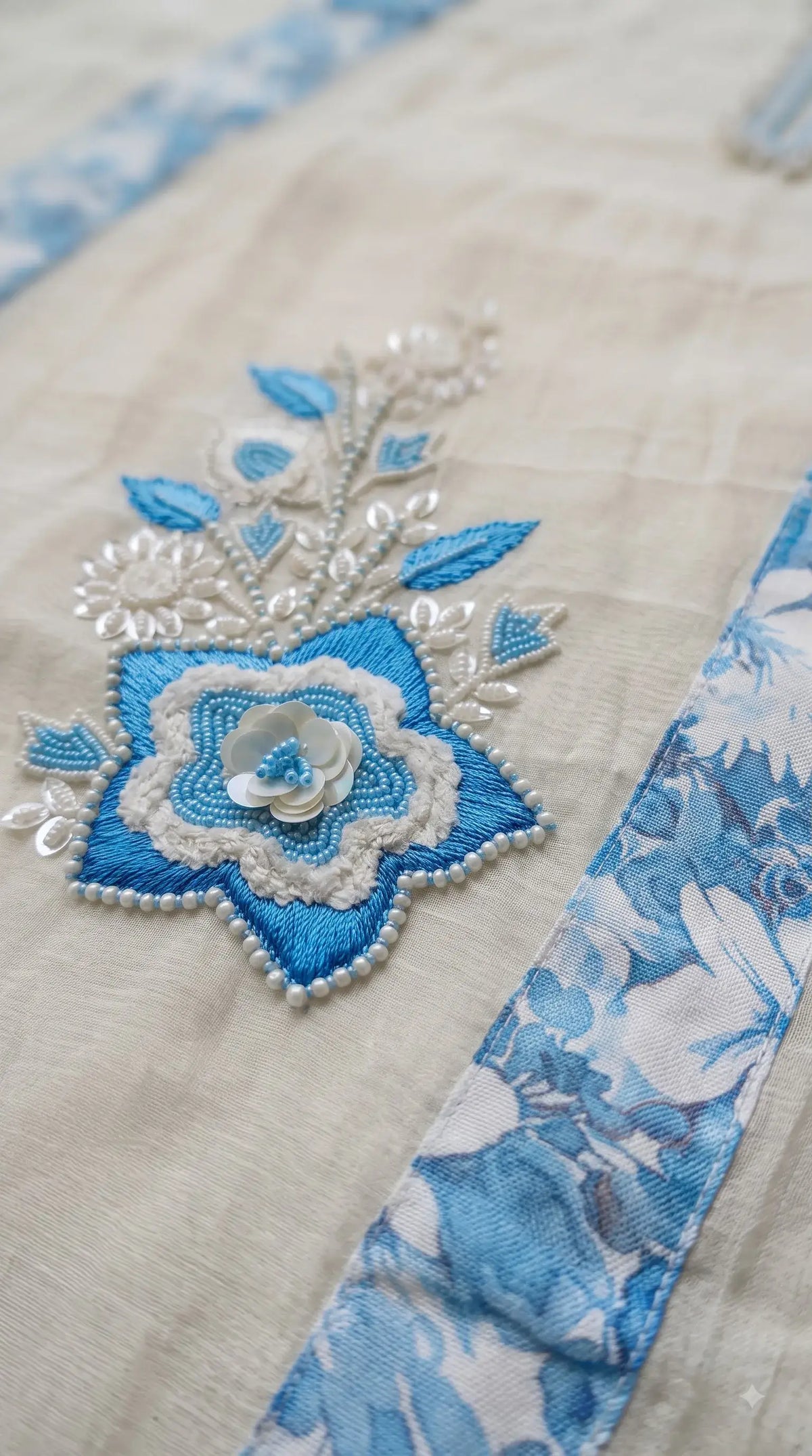 Premium Designer Off-White Mull Cotton Suit with Blue Floral Embroidery, Pearl & Sequin Work