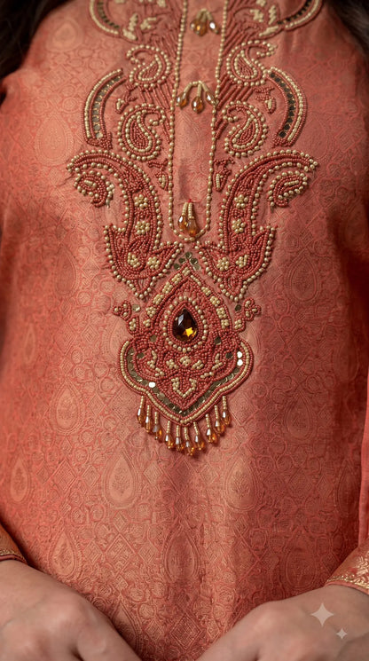Premium Designer Coral Peach Soft Tissue Suit with Pearl, Bead & Stone