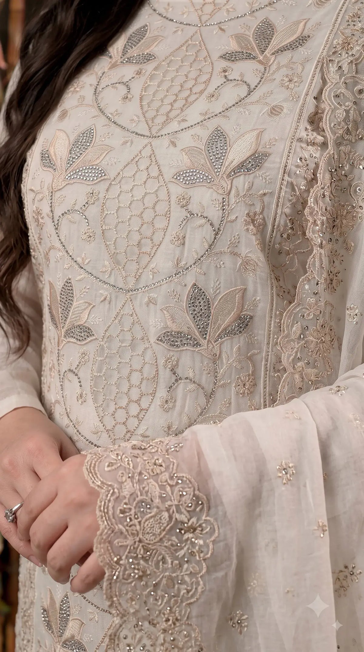 Premium Designer White Marble Chiffon Suit with Intricate Cutwork, Crystal & Floral Embroidery