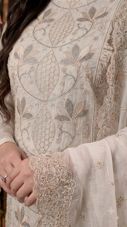 Premium Designer White Marble Chiffon Suit with Intricate Cutwork, Crystal & Floral Embroidery