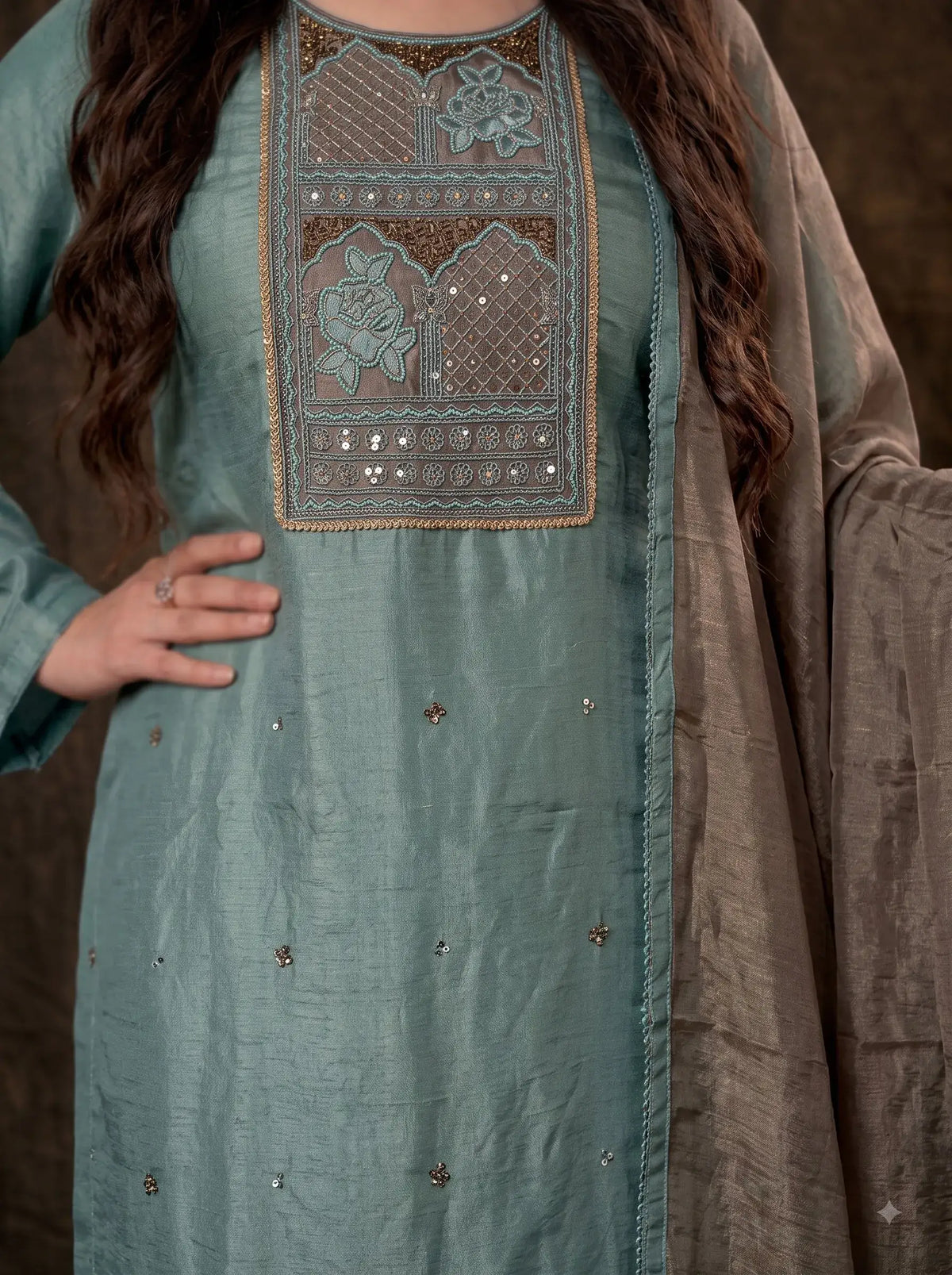 Pakistani Designer Sea Green Tissue Suit with Embroidery, Pearl & Sequin Work