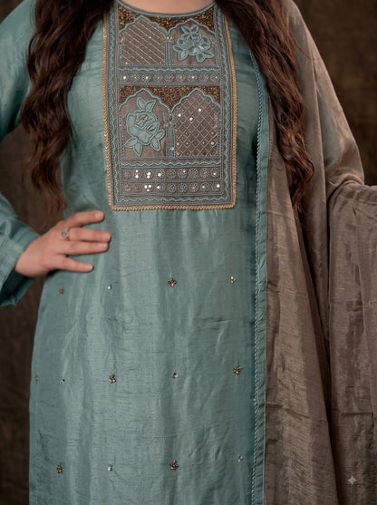 Pakistani Designer Sea Green Tissue Suit with Embroidery, Pearl & Sequin Work