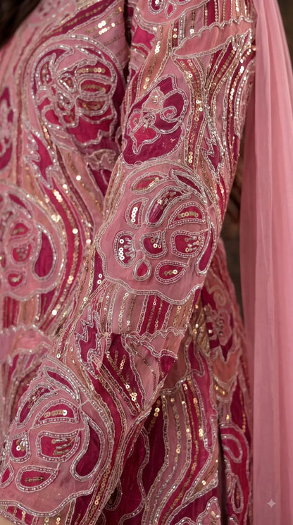 Pakistani Designer Pink Shade Organza Ethnic-Western Suit with Pearl, Bead & Sequin Work