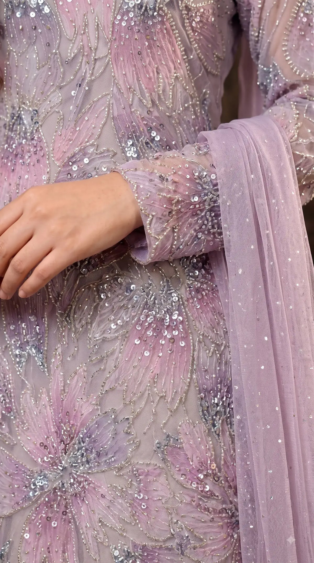 Premium Lavender Organza Pakistani Designer Suit with Cutdana, Pearl, Sequin & Ribbon Handwork