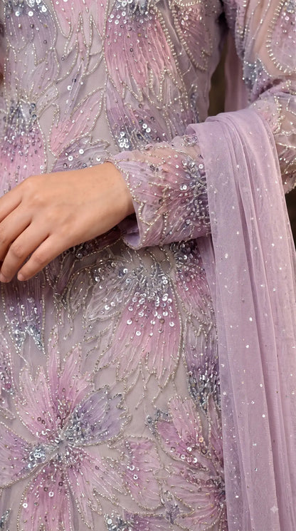 Premium Lavender Organza Pakistani Designer Suit with Cutdana, Pearl, Sequin & Ribbon Handwork