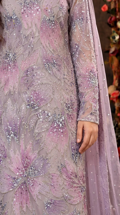Premium Lavender Organza Pakistani Designer Suit with Cutdana, Pearl, Sequin & Ribbon Handwork