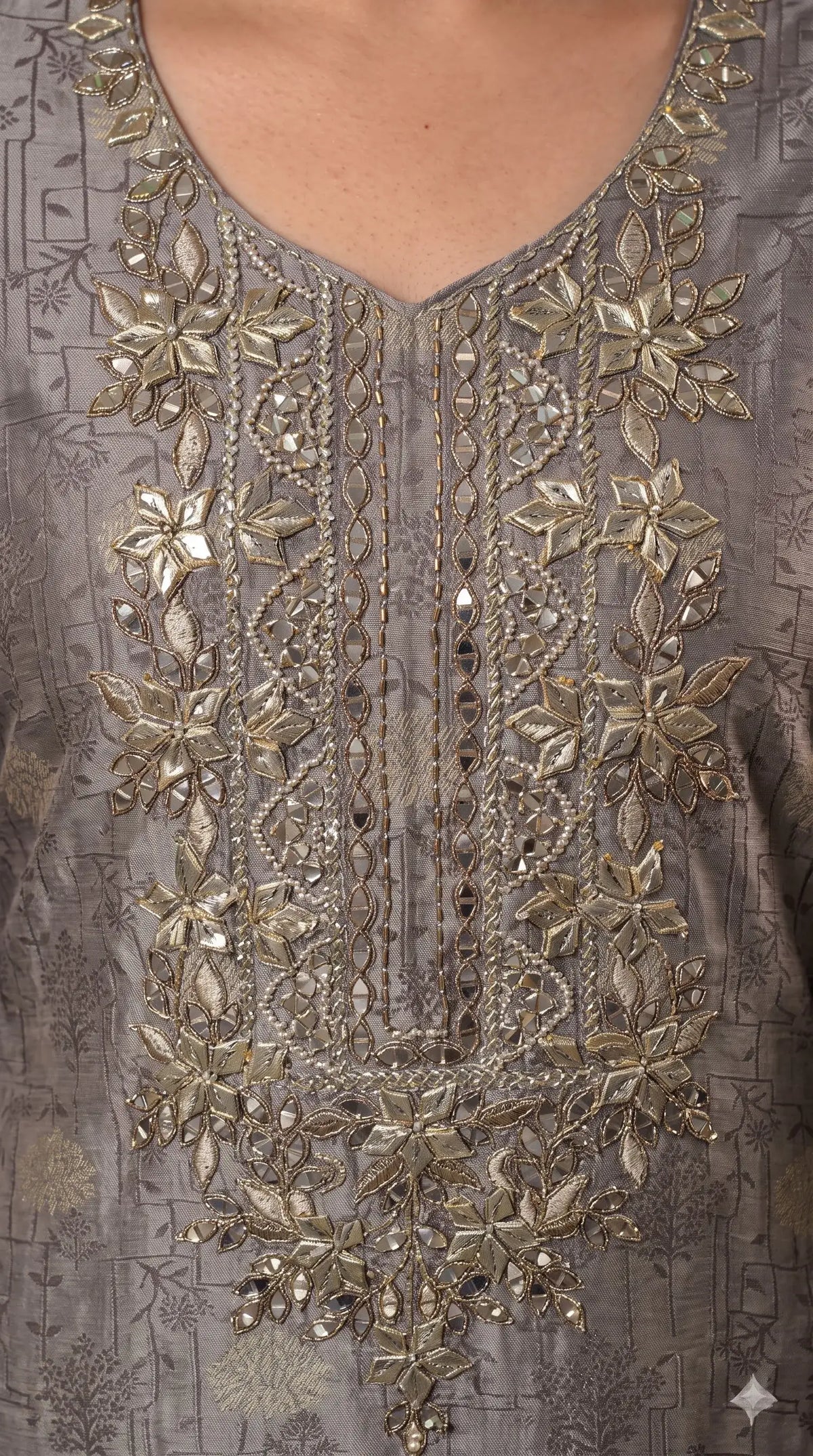 Pakistani Designer Silver Grey Banarsi Suit with Mirror & Pearl Work