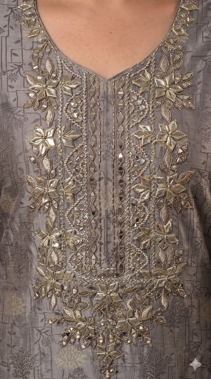 Pakistani Designer Silver Grey Banarsi Suit with Mirror & Pearl Work