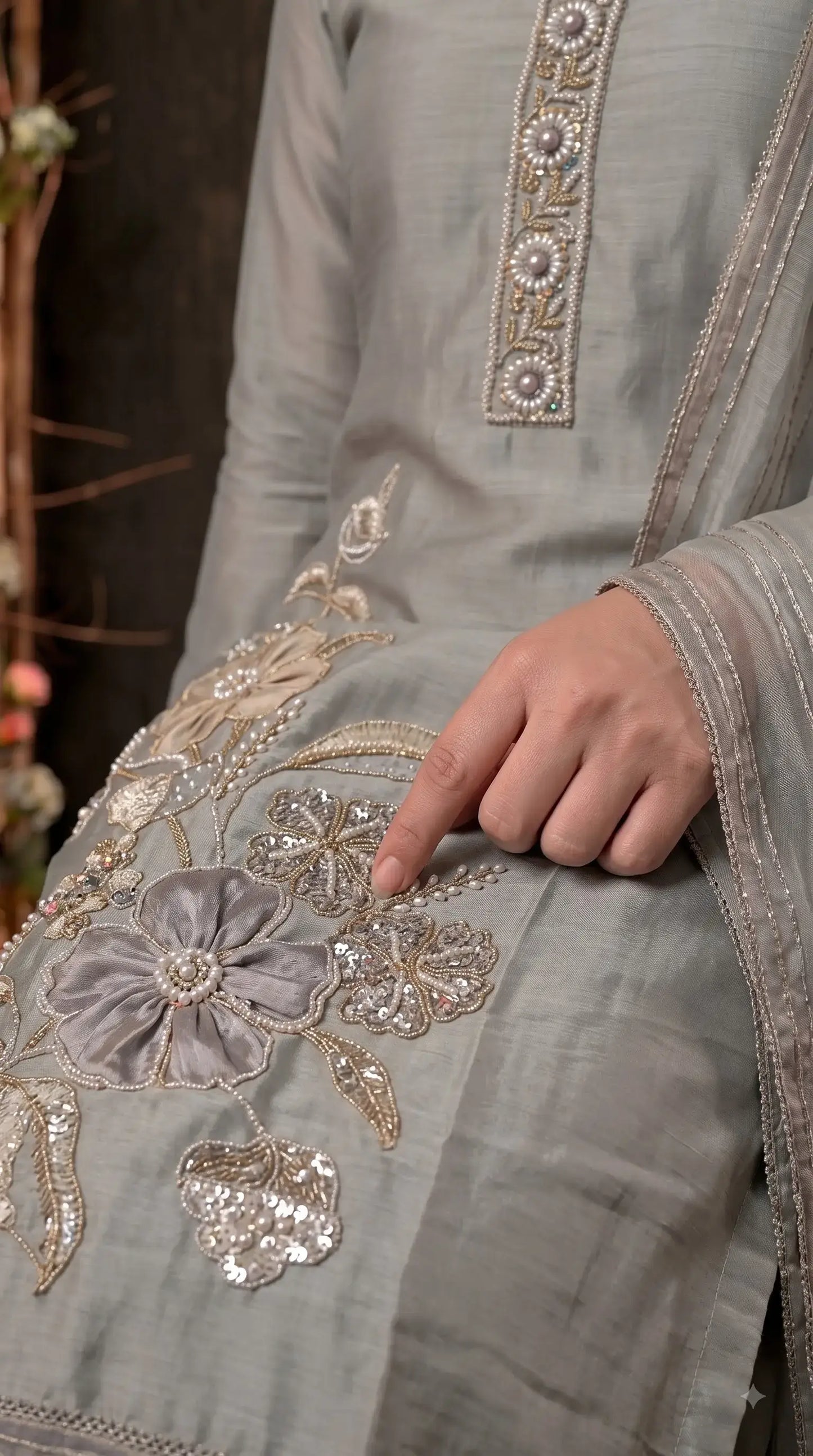 Premium Designer Silver Shade Designer Suit in Soft Tissue Fabric with Royal Hand Work