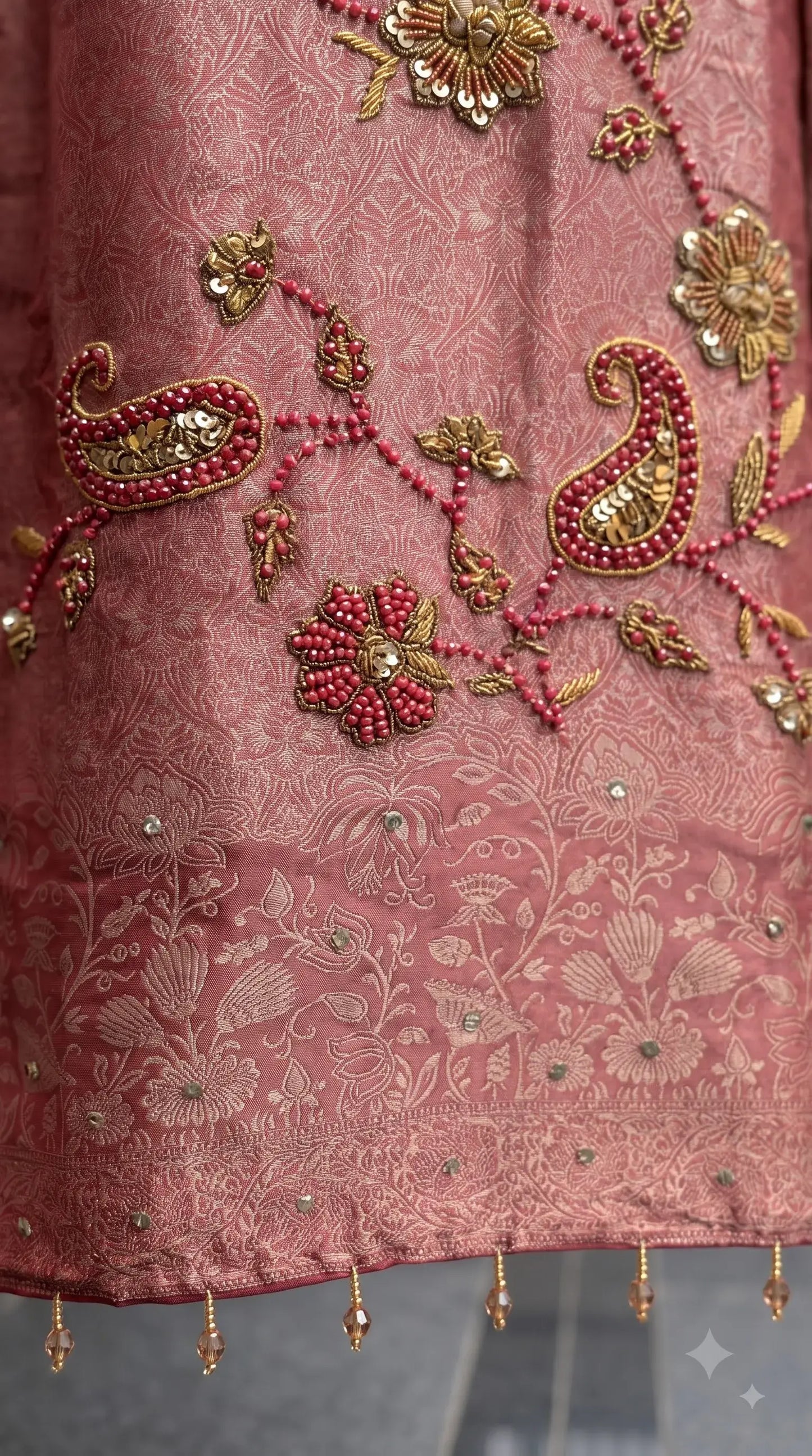 Premium Designer Antique Rose Banarasi Suit with Bead & Sequin Work