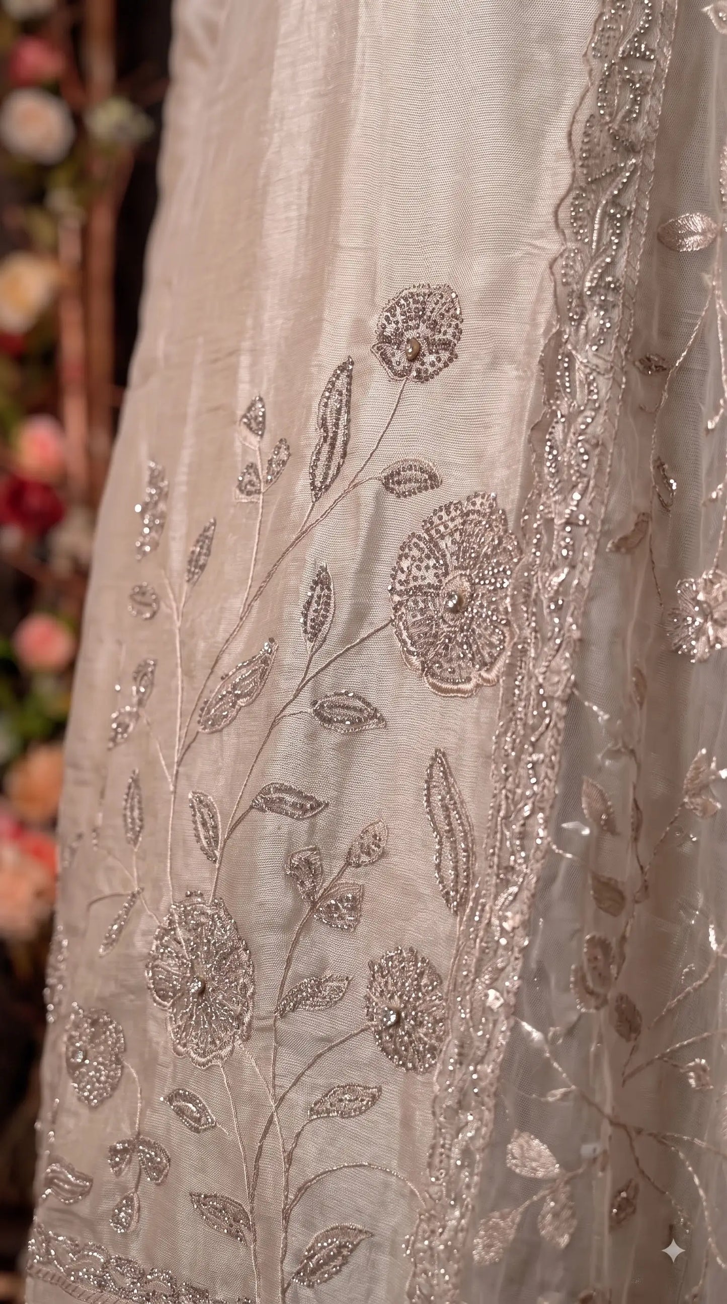 Premium Designer Ivory Taneria Suit with Silver Floral Embroidery & Embroidered Dupatta