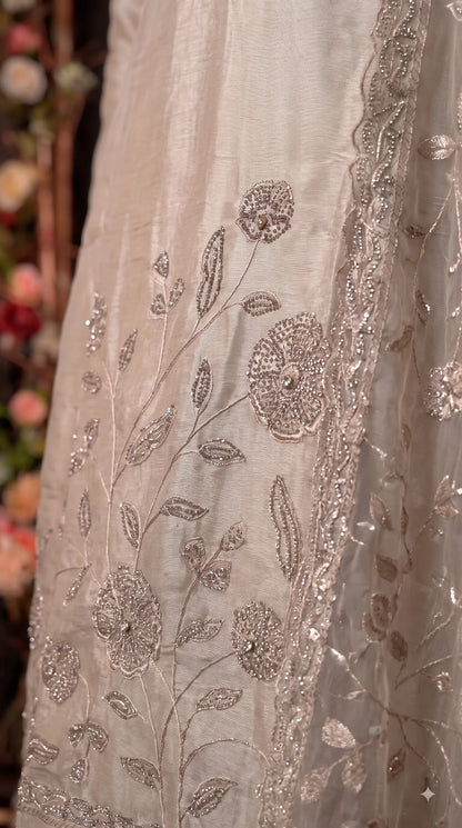 Premium Designer Ivory Taneria Suit with Silver Floral Embroidery & Embroidered Dupatta