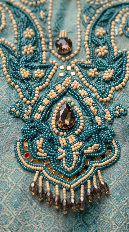 Premium Designer Aqua Turquoise Tulfi Texture Suit with Bead & Paisley