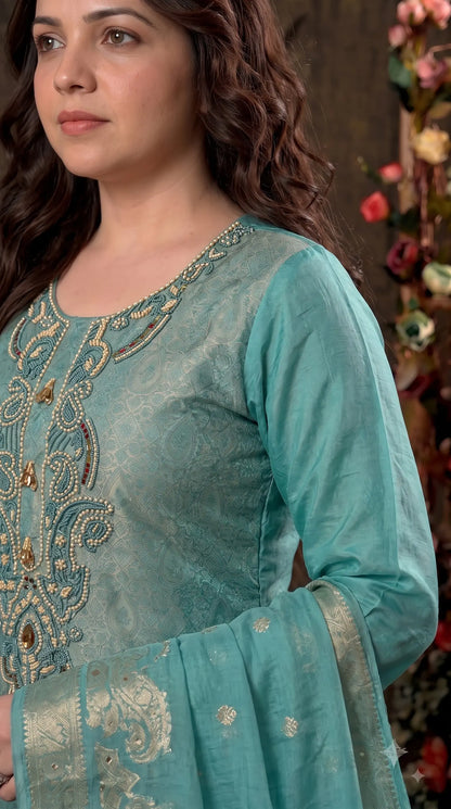 Premium Designer Aqua Turquoise Tulfi Texture Suit with Bead & Paisley