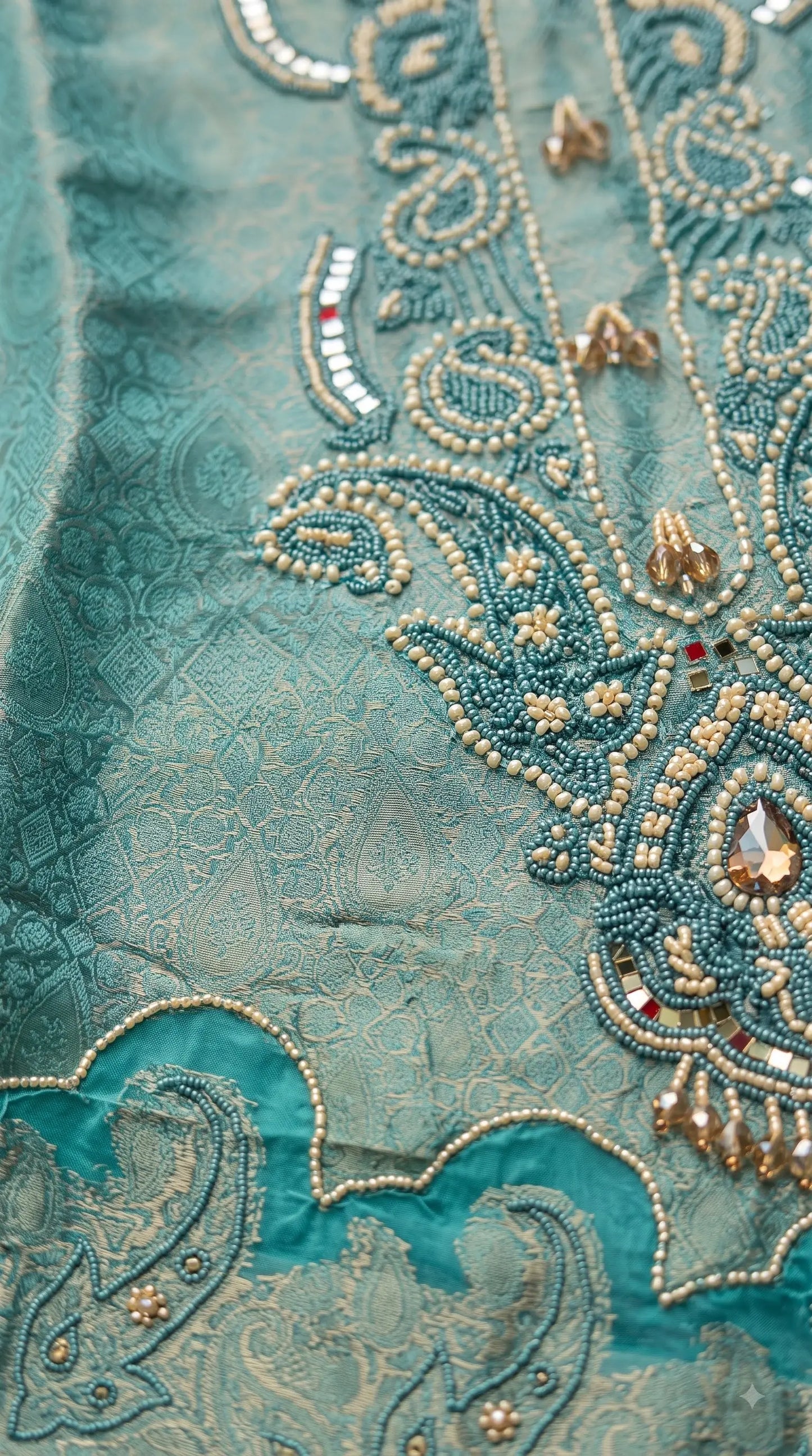 Premium Designer Aqua Turquoise Tulfi Texture Suit with Bead & Paisley