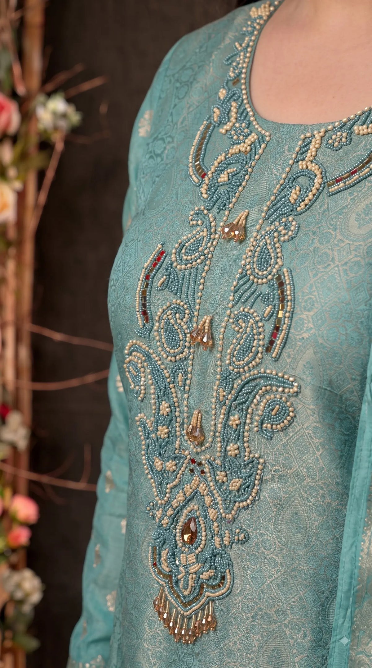 Premium Designer Aqua Turquoise Tulfi Texture Suit with Bead & Paisley
